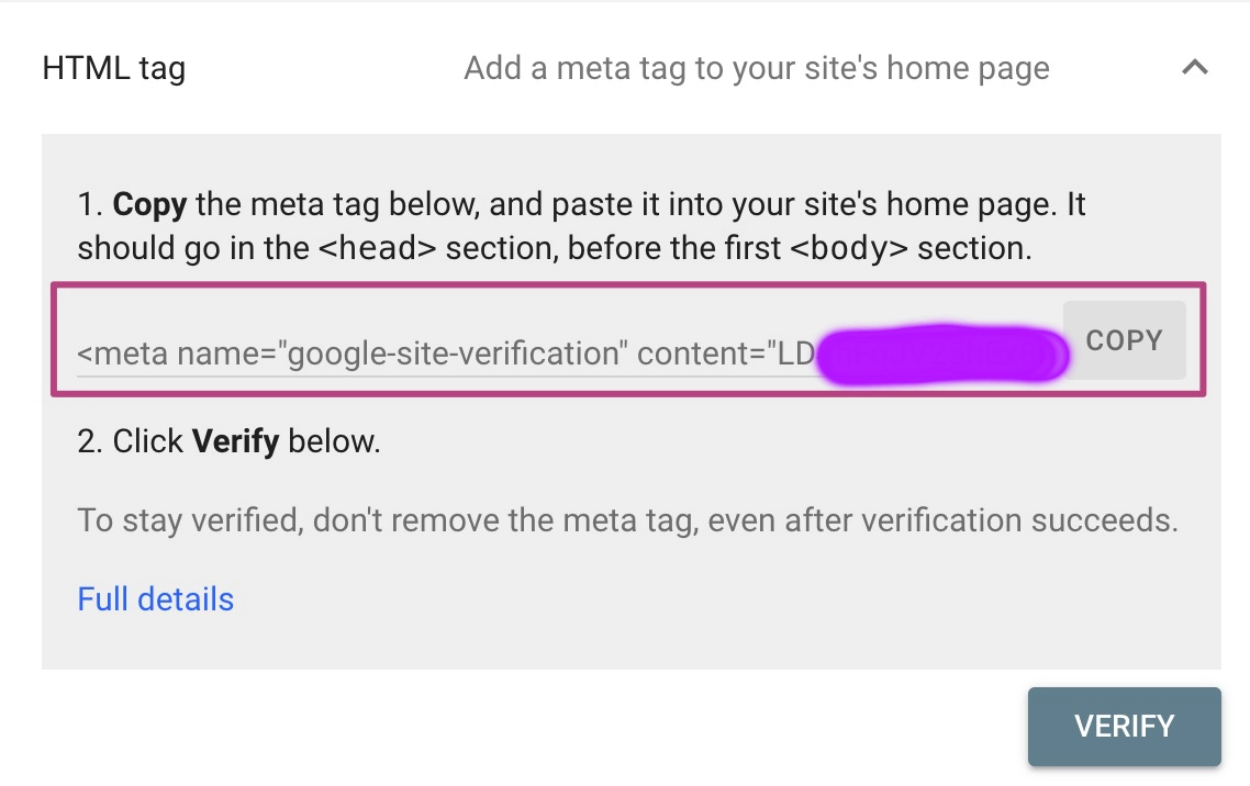 Search Console meta tag tieto
