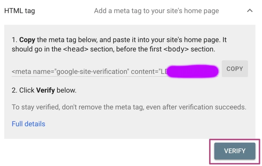 Google Search Console verify valinta
