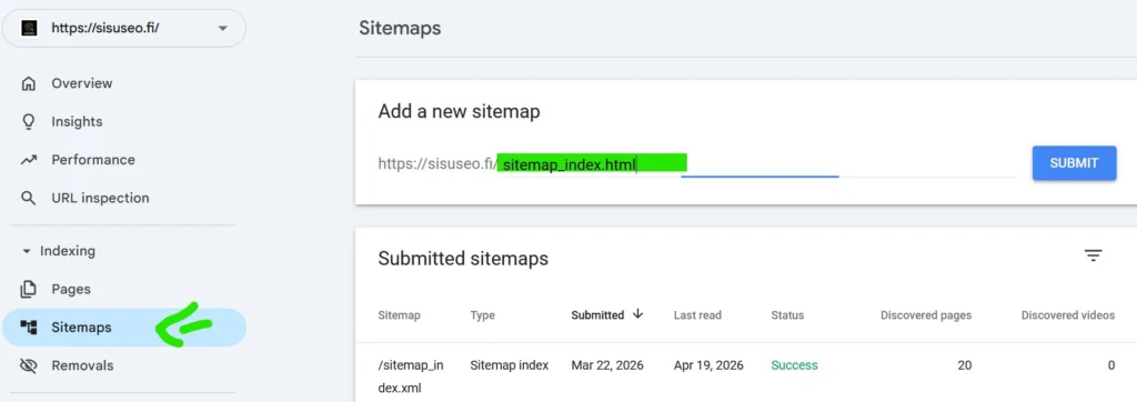 lisää sitemap google search consolessa