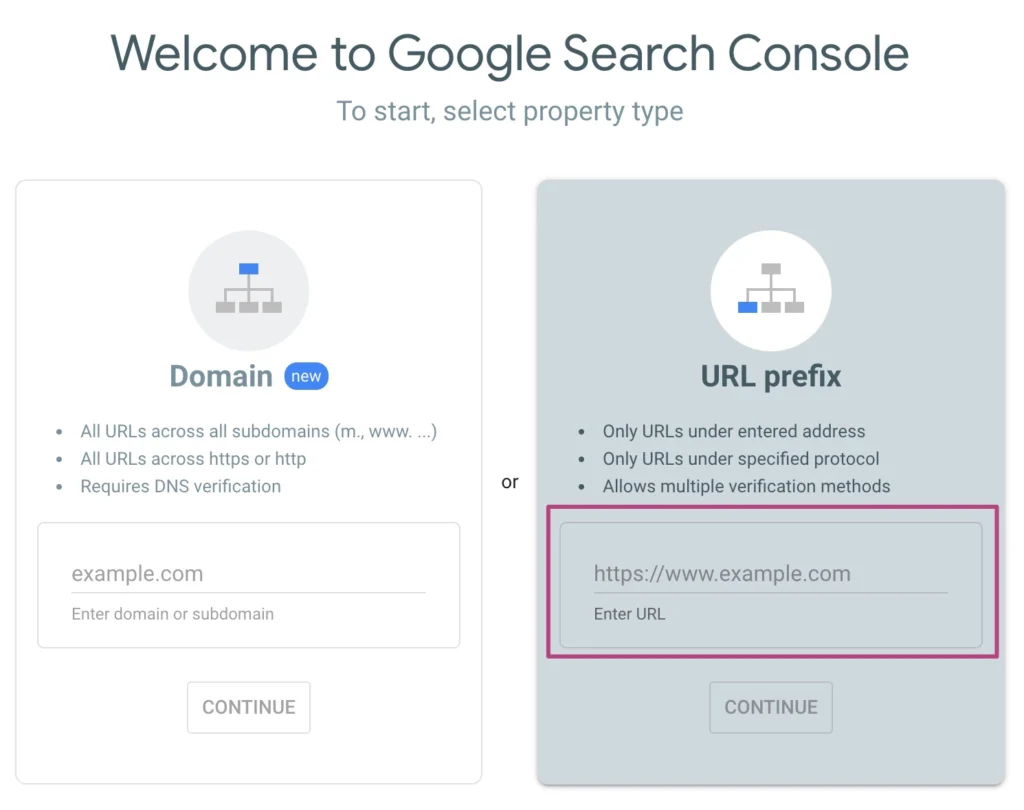 Google Search Console sivun valintaruutu
