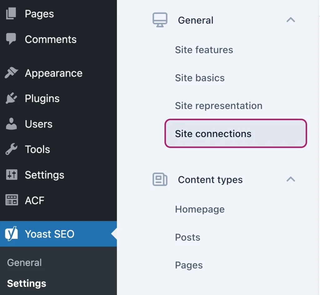 wordpress admin näkymä, yoast seo pluginin site connections ikkuna